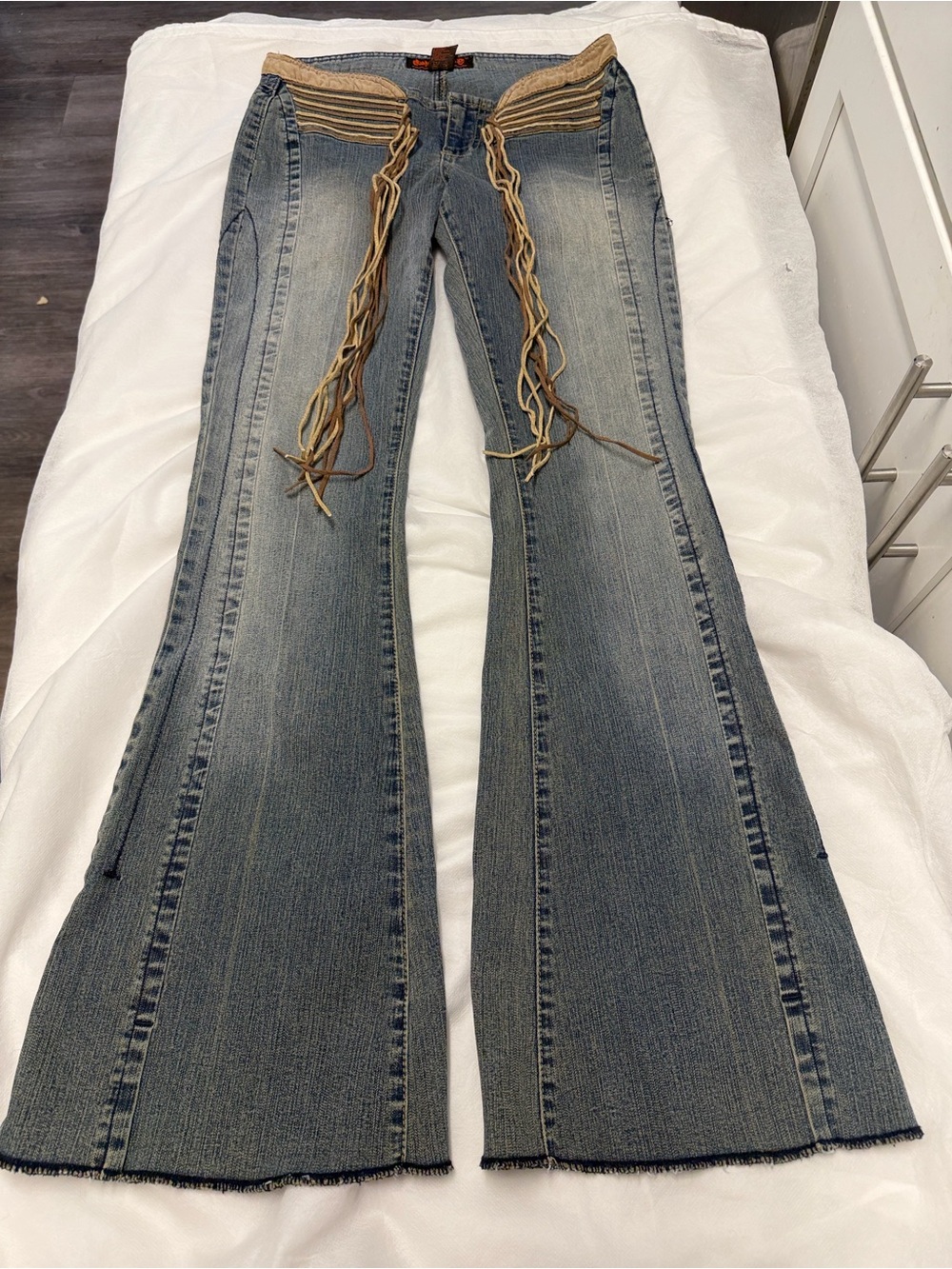 Y2K Dollhouse Gray light blue Flare Jeans with Tan Braided Waist Tie